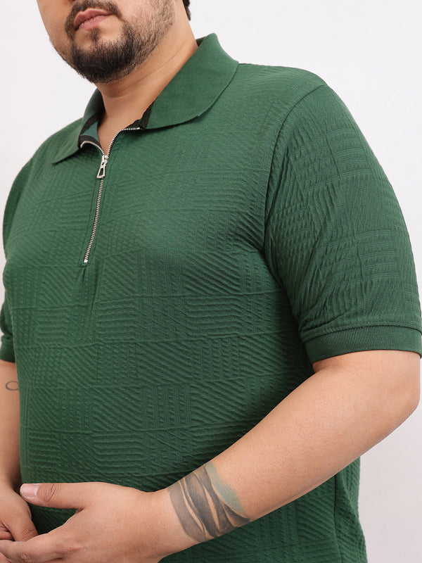 Check Box Knit Textured Zipper Polo in Dark Green