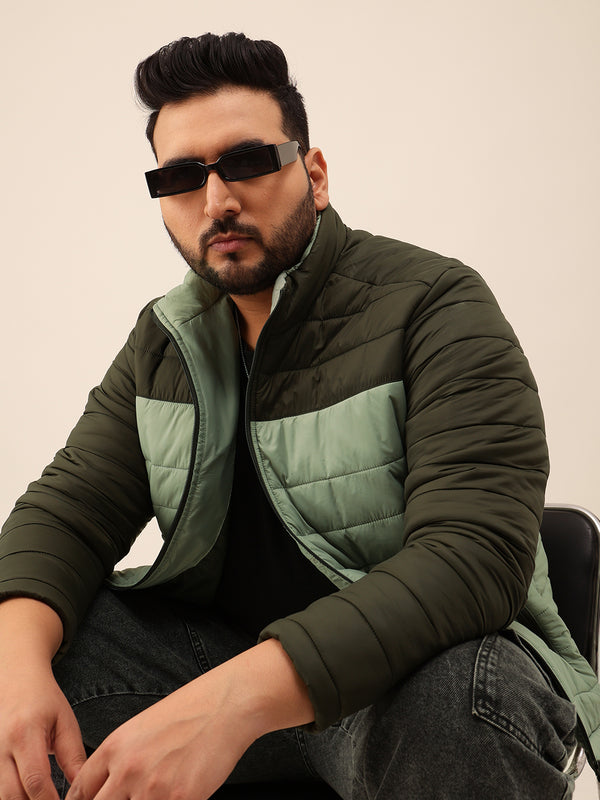 Colourblock Full Sleeves Puffer Jacket in Sage Green Olive Green