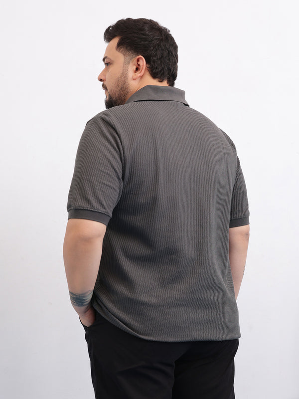 Interlock Zipper Knitted Polo T-shirt in Dark Grey