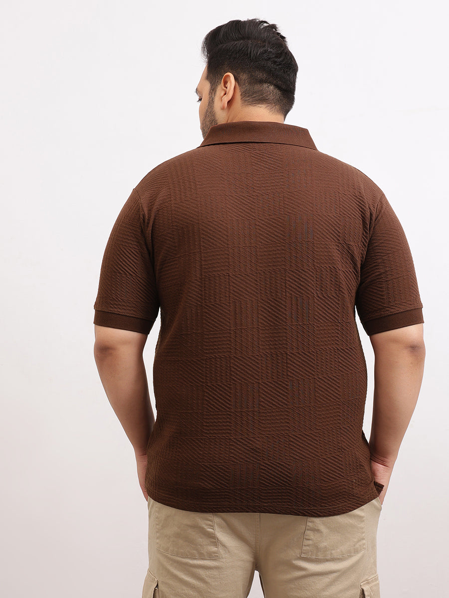 Check Box Knit Textured Zipper Plus Size Polo