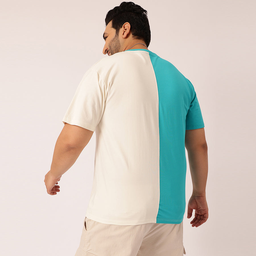 Dark Turquoise Off White Color Block T-shirt