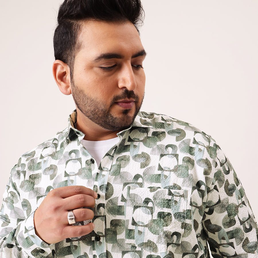 Green Abstract Geometric Digital Print Textured Shirt