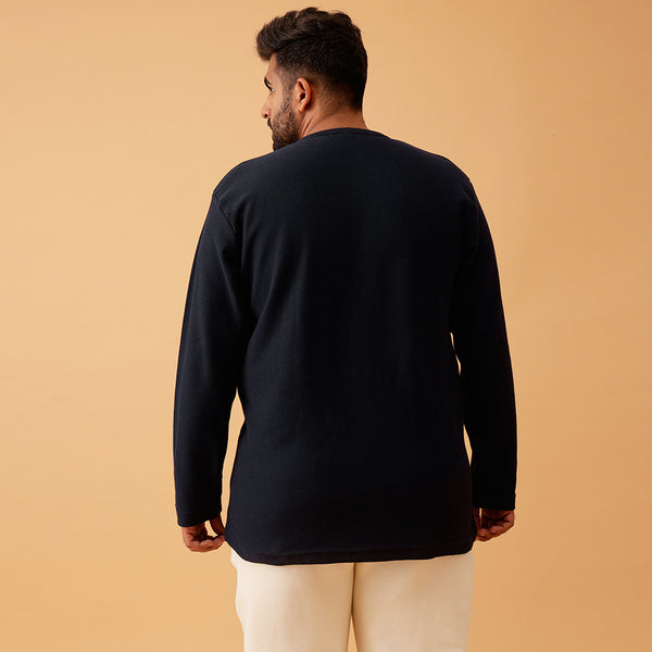 Henley Textured Premium Full Sleeve Tee in Navy Blue