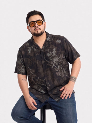 Cuban Collar Printed Plus Size Shirt
