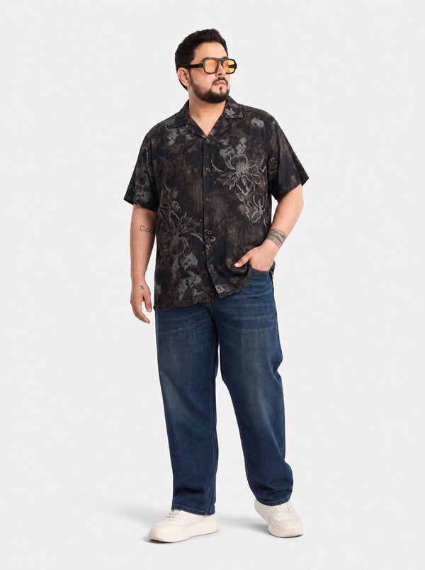 Cuban Collar Printed Shirt in Black