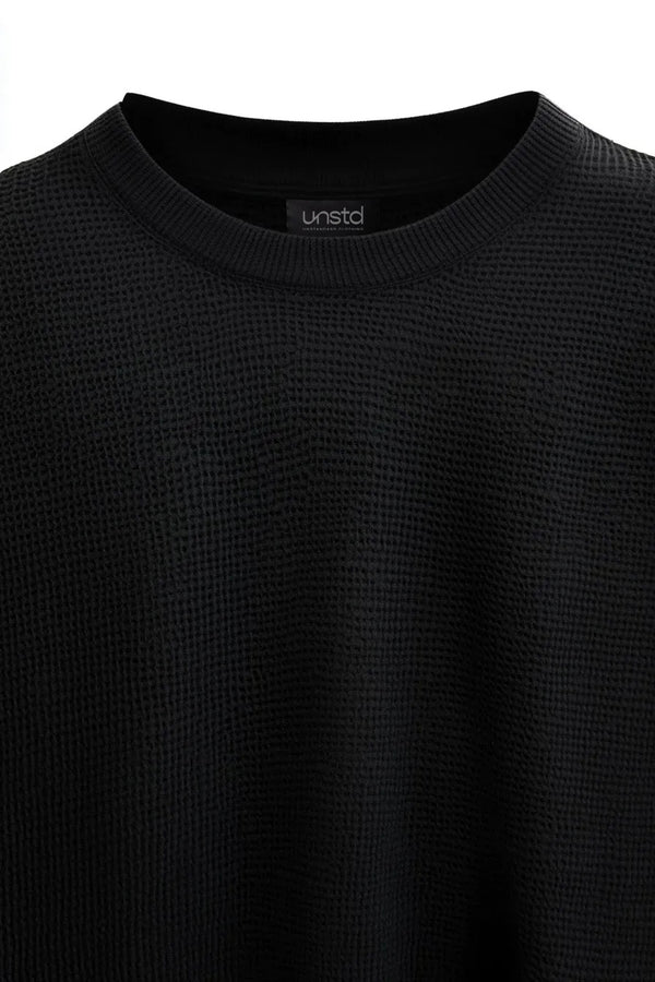 Waffle Pure Cotton Crew Neck Full Sleeve T-shirt in Black