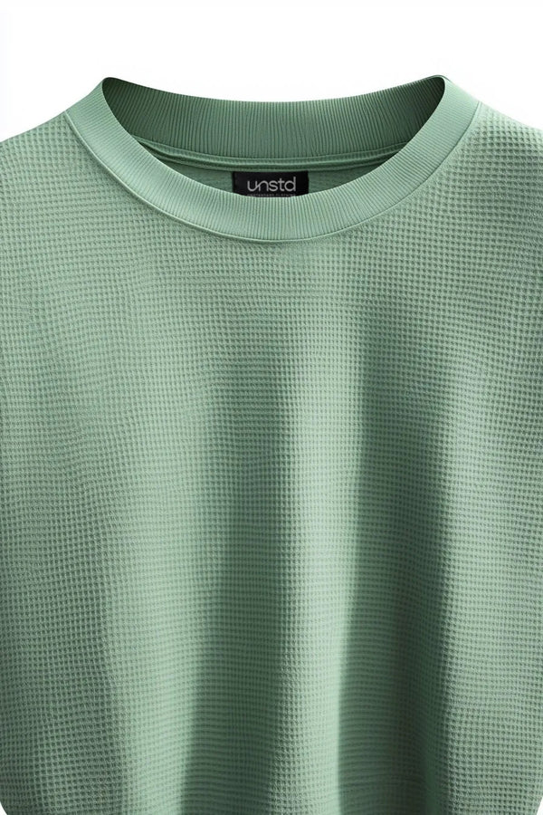 Waffle Pure Cotton Crew Neck Full Sleeve T-shirt in Pista Green