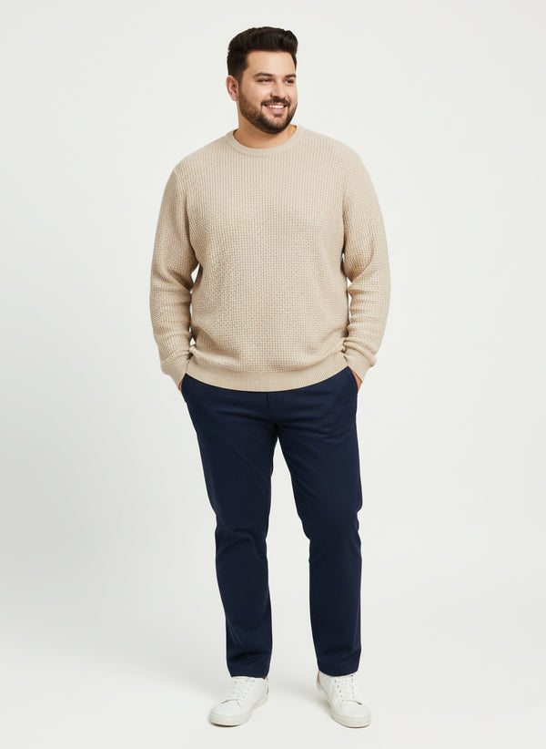 Waffle Pure Cotton Crew Neck Full Sleeve T-shirt in Beige