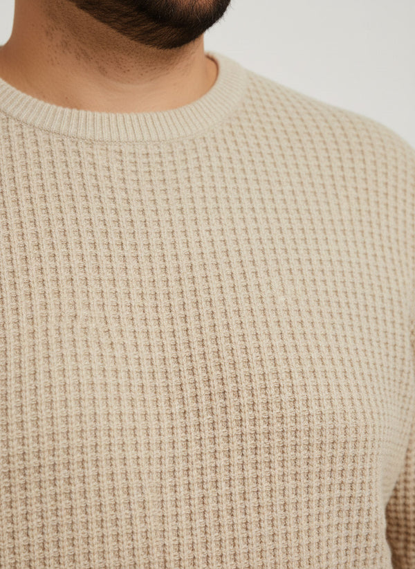 Waffle Pure Cotton Crew Neck Full Sleeve T-shirt in Beige