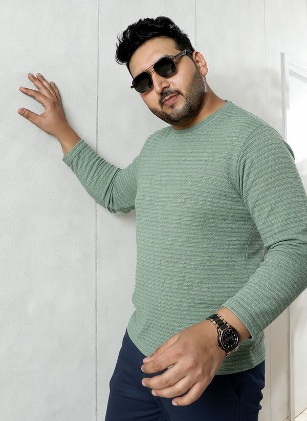 Pista green textured cotton full sleeve plus size T-shirt