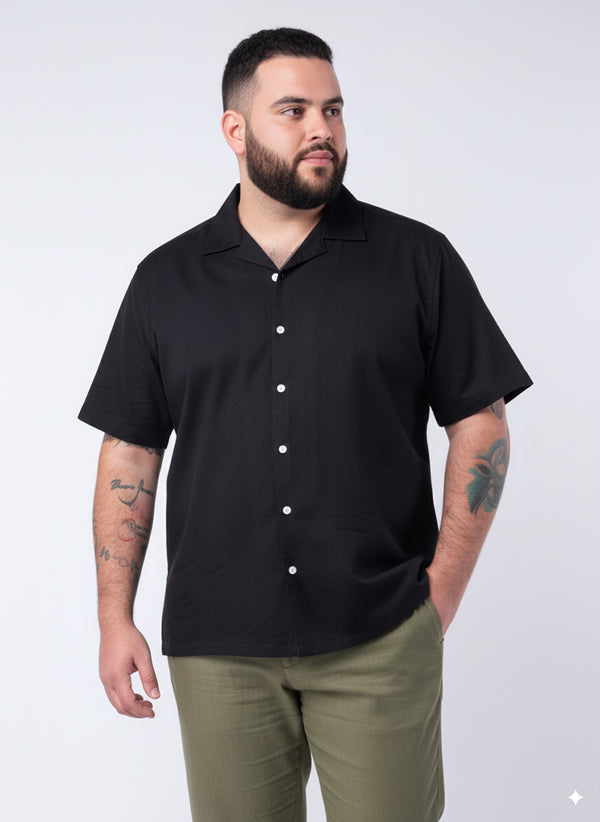 Solid Cuban Collar Shirt in Black