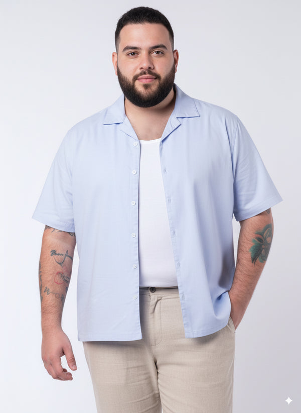 Solid Cuban Collar Shirt in Light Blue