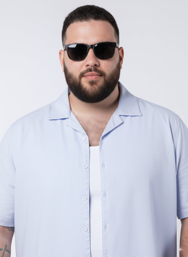 Solid Cuban Collar Shirt in Light Blue