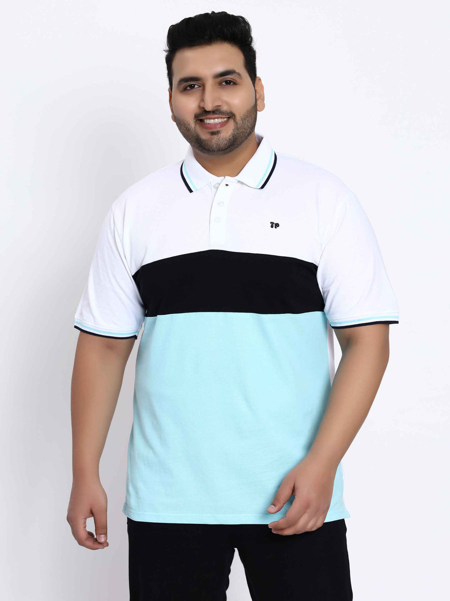 Sky Blue Triple Striped Plus Size Polo T-shirt