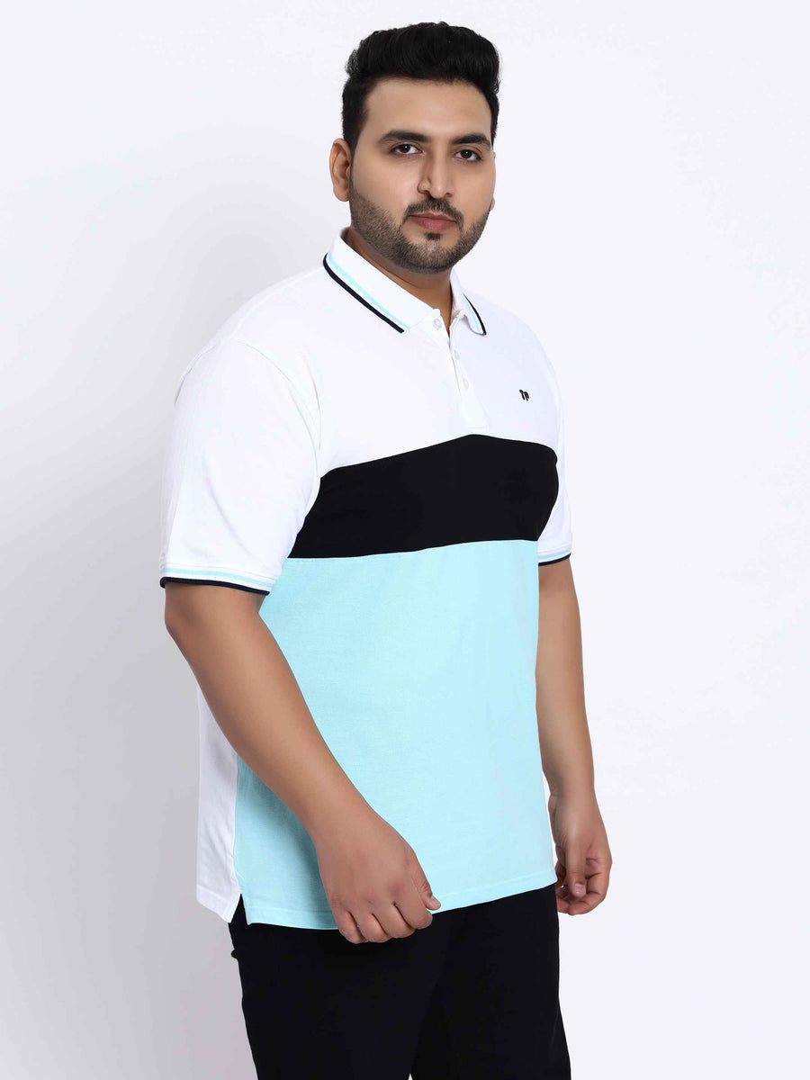Sky Blue Triple Striped Plus Size Polo T-shirt