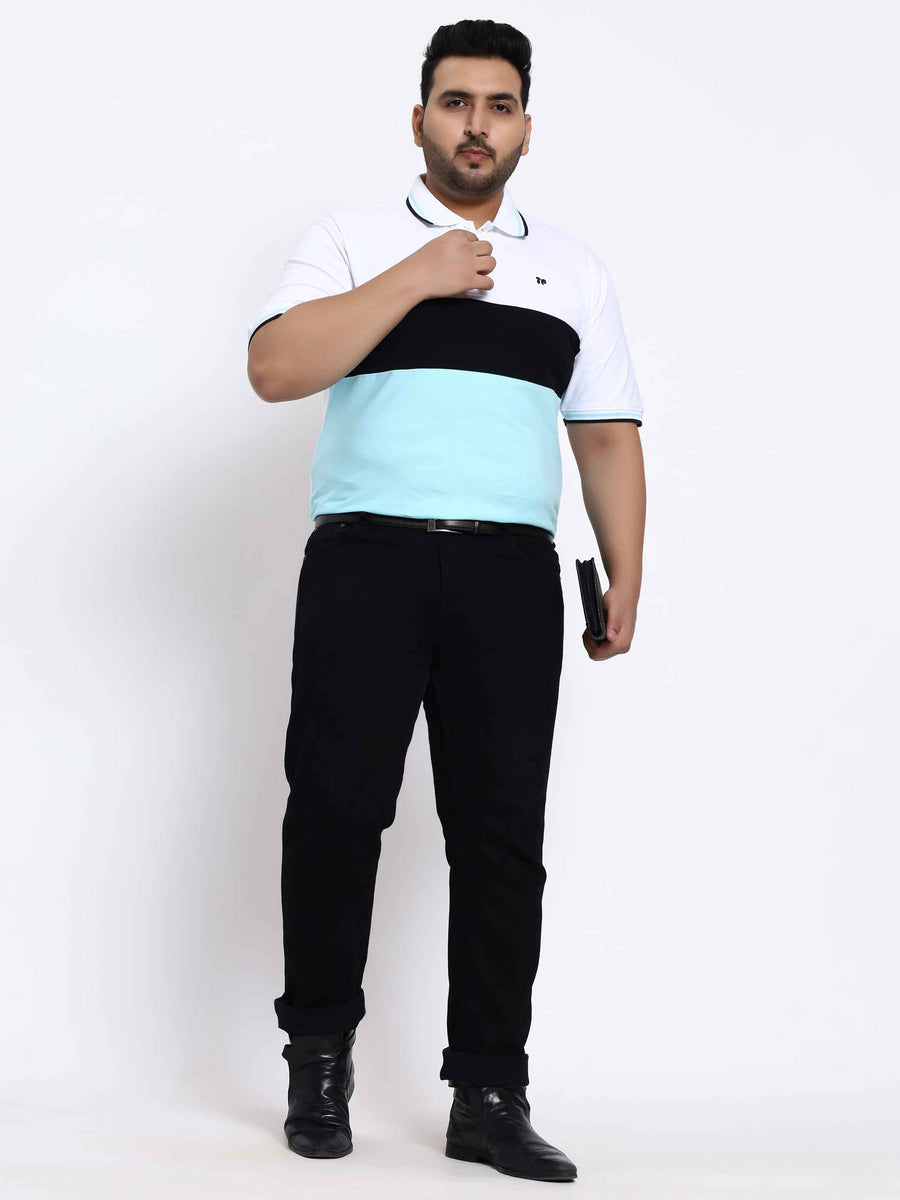Sky Blue Triple Striped Plus Size Polo T-shirt
