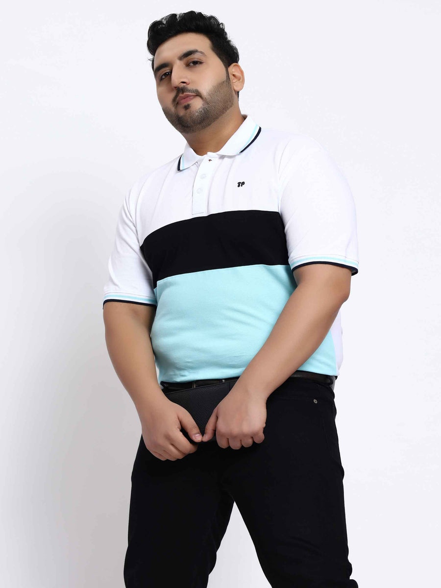 Sky Blue Triple Striped Plus Size Polo T-shirt