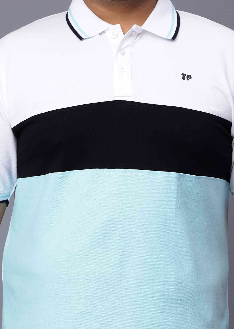 Sky Blue Triple Striped Plus Size Polo T-shirt