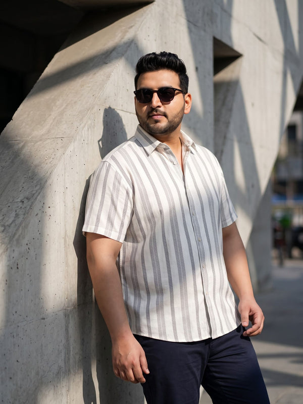 Off White Textured Striped Half Sleeve Shirt in Off White