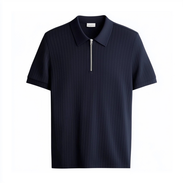 Textured Premium Zipper Knitted Polo T-shirt in Navy Blue