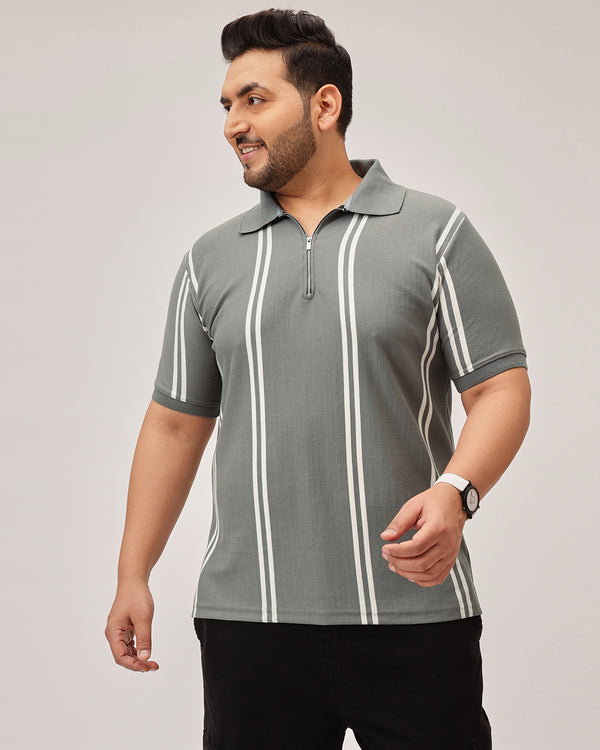 Stripe Zipper Polo in Dark Grey