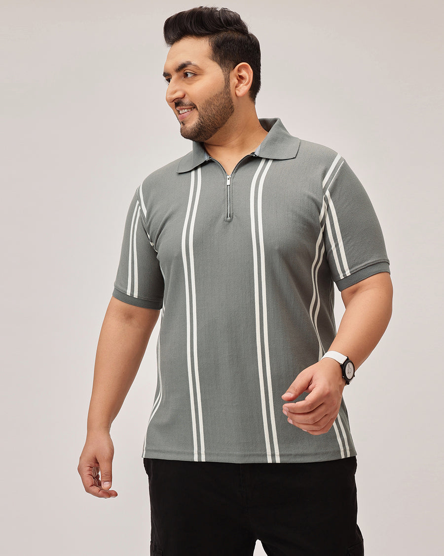 Stripe Zipper Plus Size Polo