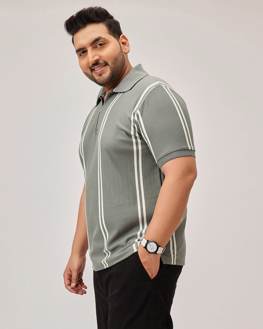 Stripe Zipper Plus Size Polo