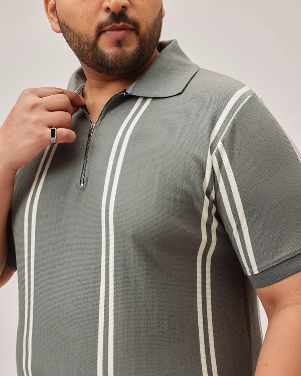 Stripe Zipper Polo in Dark Grey