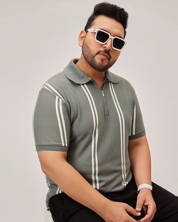 Stripe Zipper Polo in Dark Grey