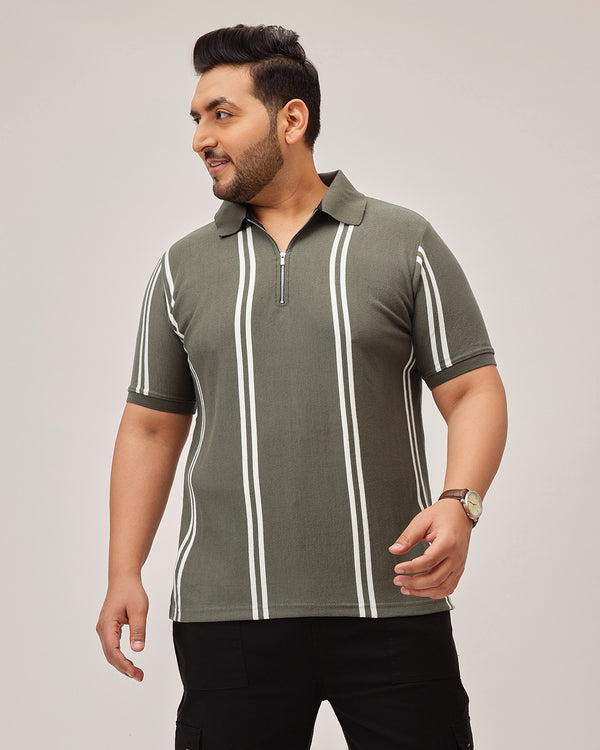 Stripe Zipper Polo in Olive