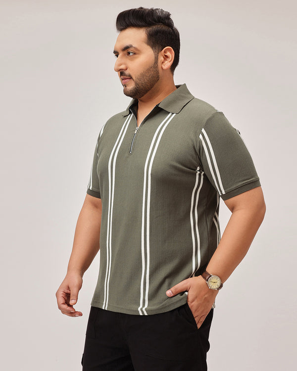 Stripe Zipper Polo in Olive