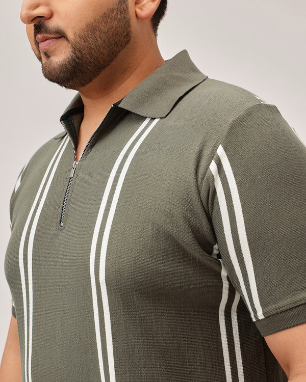 Stripe Zipper Polo in Olive