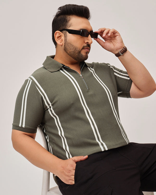 Stripe Zipper Polo in Olive