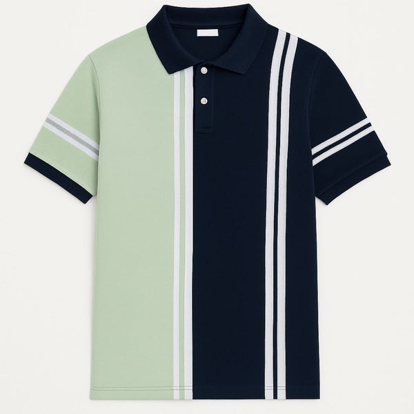 Pista Navy Vertical Stripe Polo T-shirt in Pista Green & Navy Blue