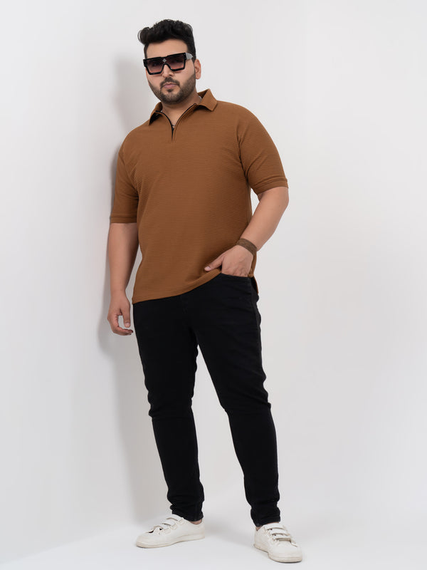 Tan Interlock Zipper Knitted Polo T-shirt in Tan