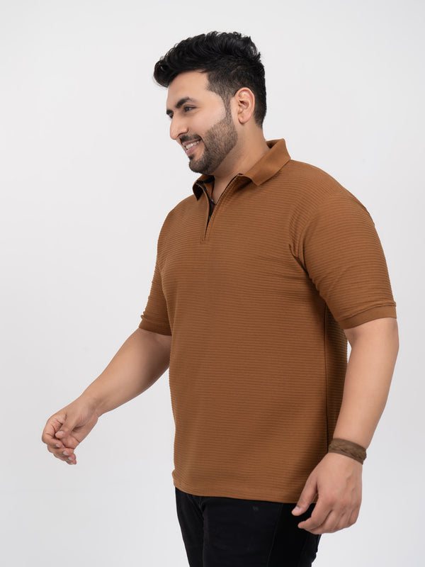 Tan Interlock Zipper Knitted Polo T-shirt in Tan