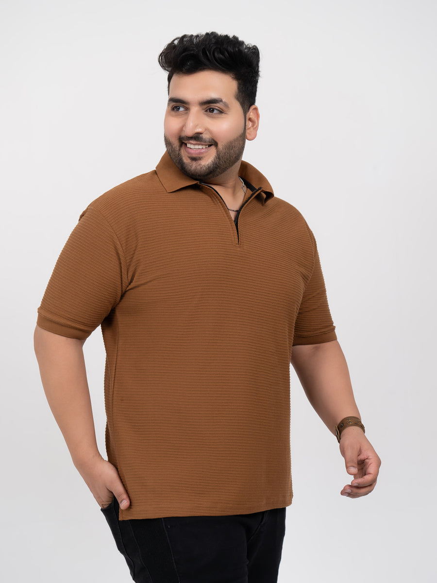 Tan Interlock Zipper Knitted Polo T-shirt