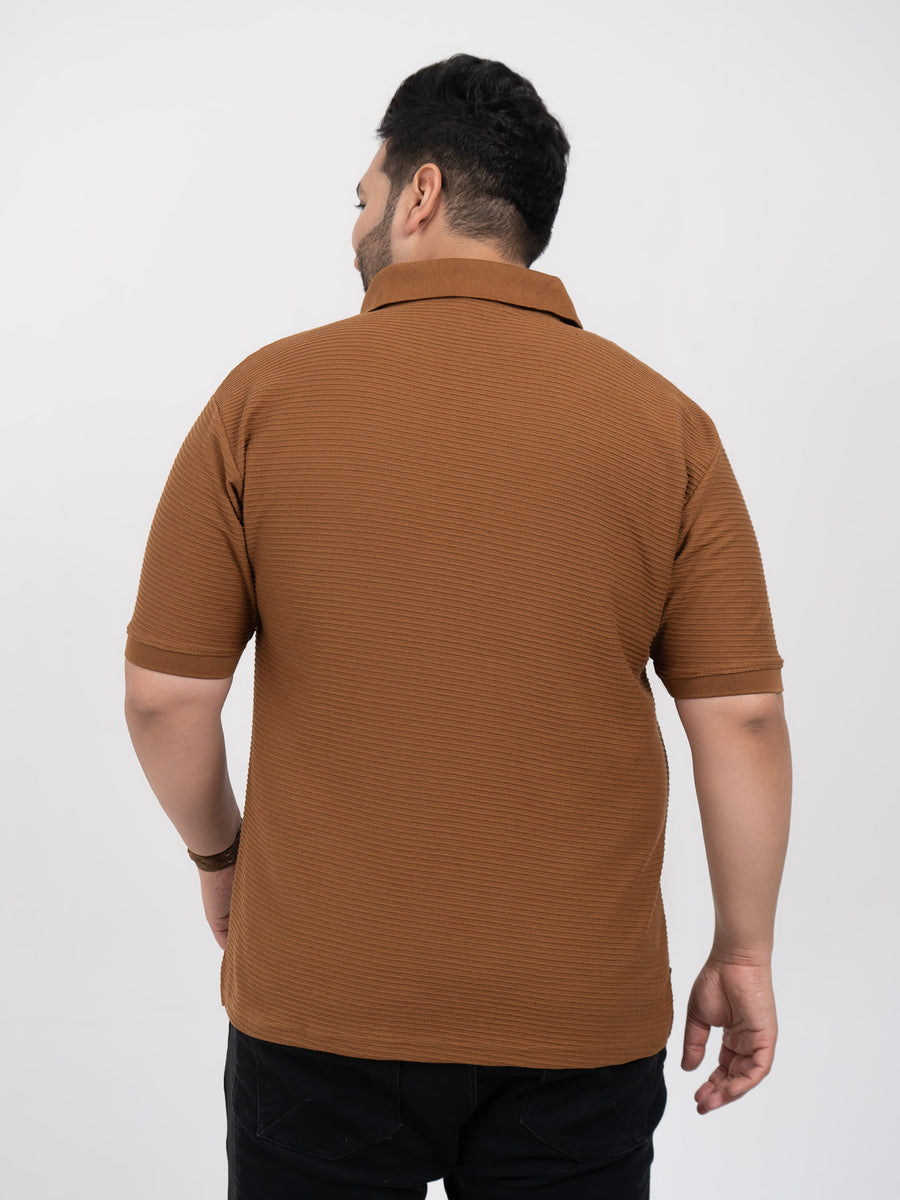 Tan Interlock Zipper Knitted Polo T-shirt