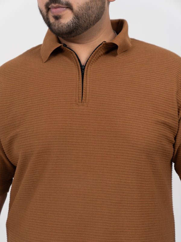 Tan Interlock Zipper Knitted Polo T-shirt in Tan