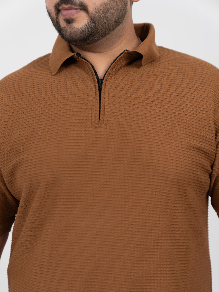 Tan Interlock Zipper Knitted Polo T-shirt