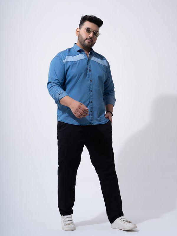Vintage Colour Block Denim Cotton Shirt in Light Blue
