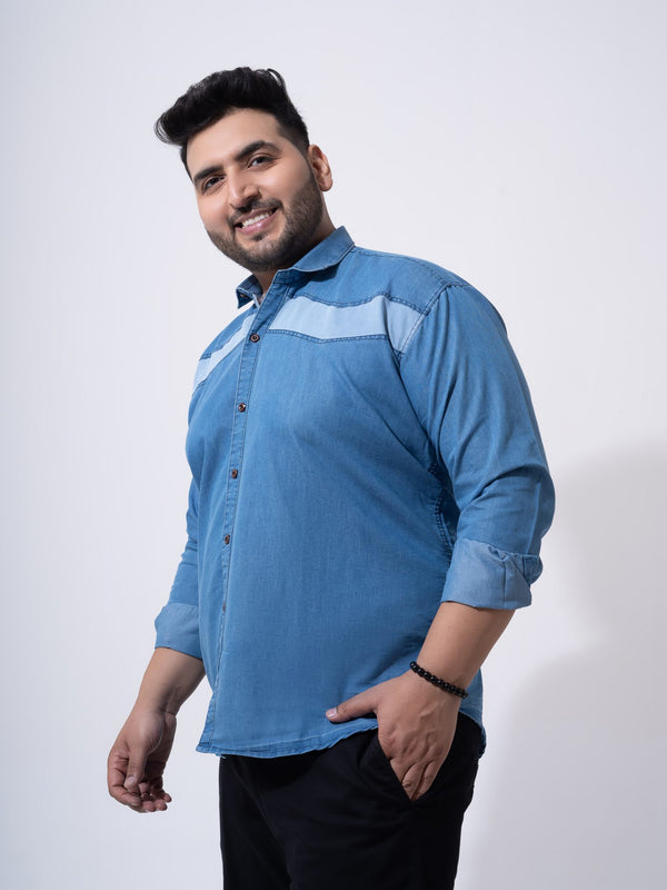 Vintage Colour Block Denim Cotton Shirt in Light Blue
