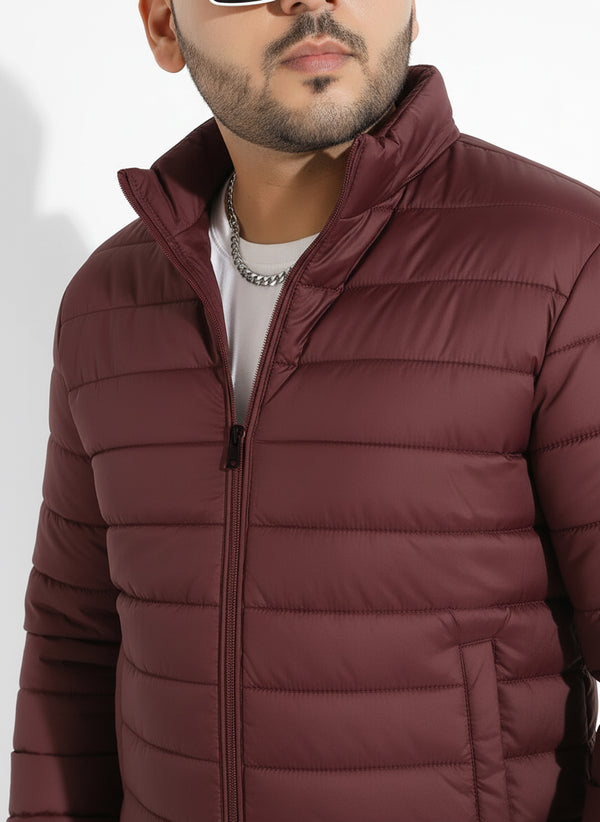 Full Sleeves Puffer Jacket in Gold Wine