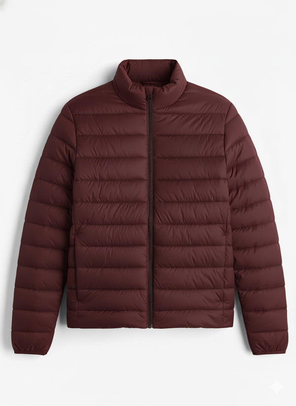Full Sleeves Puffer Jacket in Gold Wine