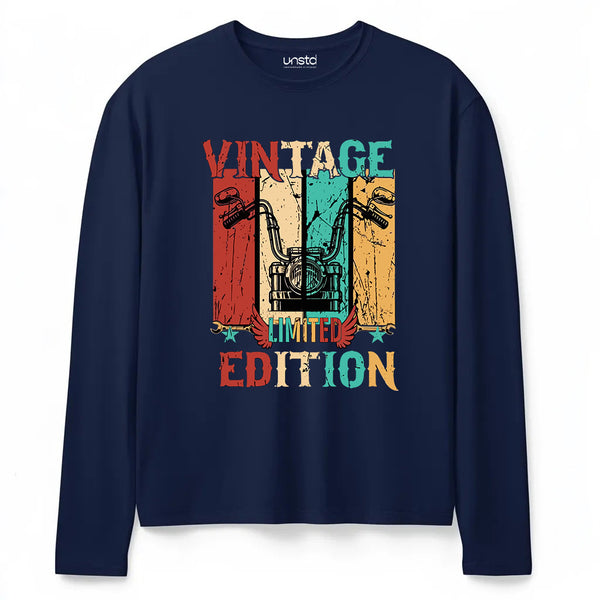 Vintage Motorcycle Full Sleeve T-shirt in Navy Blue