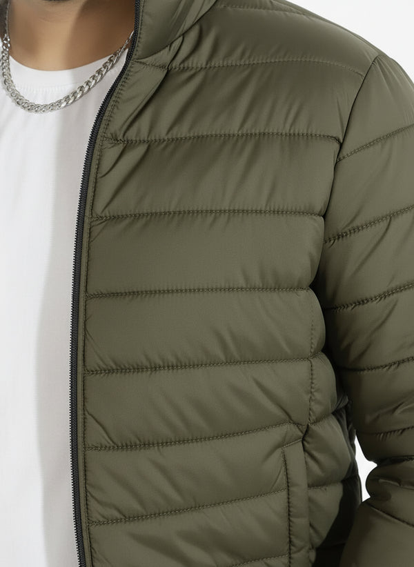 Full Sleeves Puffer Jacket in olive green