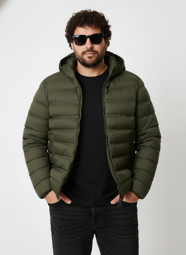 Hooded Puffer Jacket in olive green